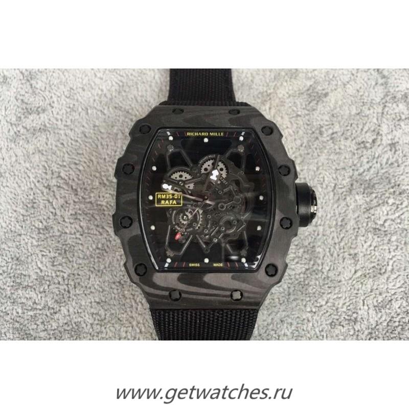 Copy Richard Mille RM35-01 Rafael Nadal Forged Carbon Skeleton Black Dial Black Nylon Strap M9015 Copy Richard Mille RM35-01 Rafael Nadal Forged Carbon Skeleton Black Dial Black Nylon Strap M9015